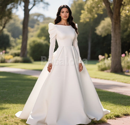 WD0027 Elegant Long Sleeves Scoop Neck A-Line Wedding Dress with Bow Train