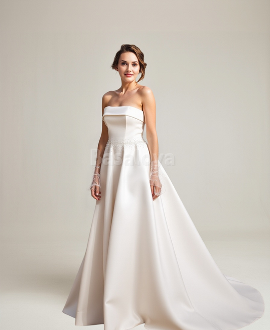 WD0028 Luxury Pearls Strapless A-Line Sweep Train Bridal Gowns with Gloves