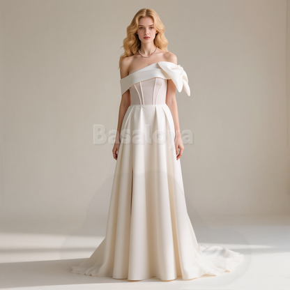WD0029 Elegant Off Shoulder A-Line Side Slit Pleated Wedding Gown with Bow