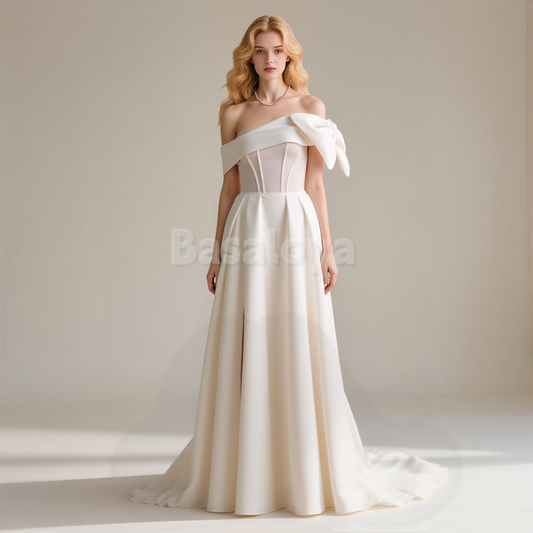 WD0029 Elegant Off Shoulder A-Line Side Slit Pleated Wedding Gown with Bow