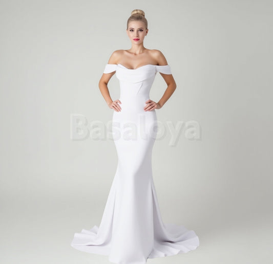 WD0031 Elegant White Off-Shoulder Mermaid Satin Wedding Dress with Train