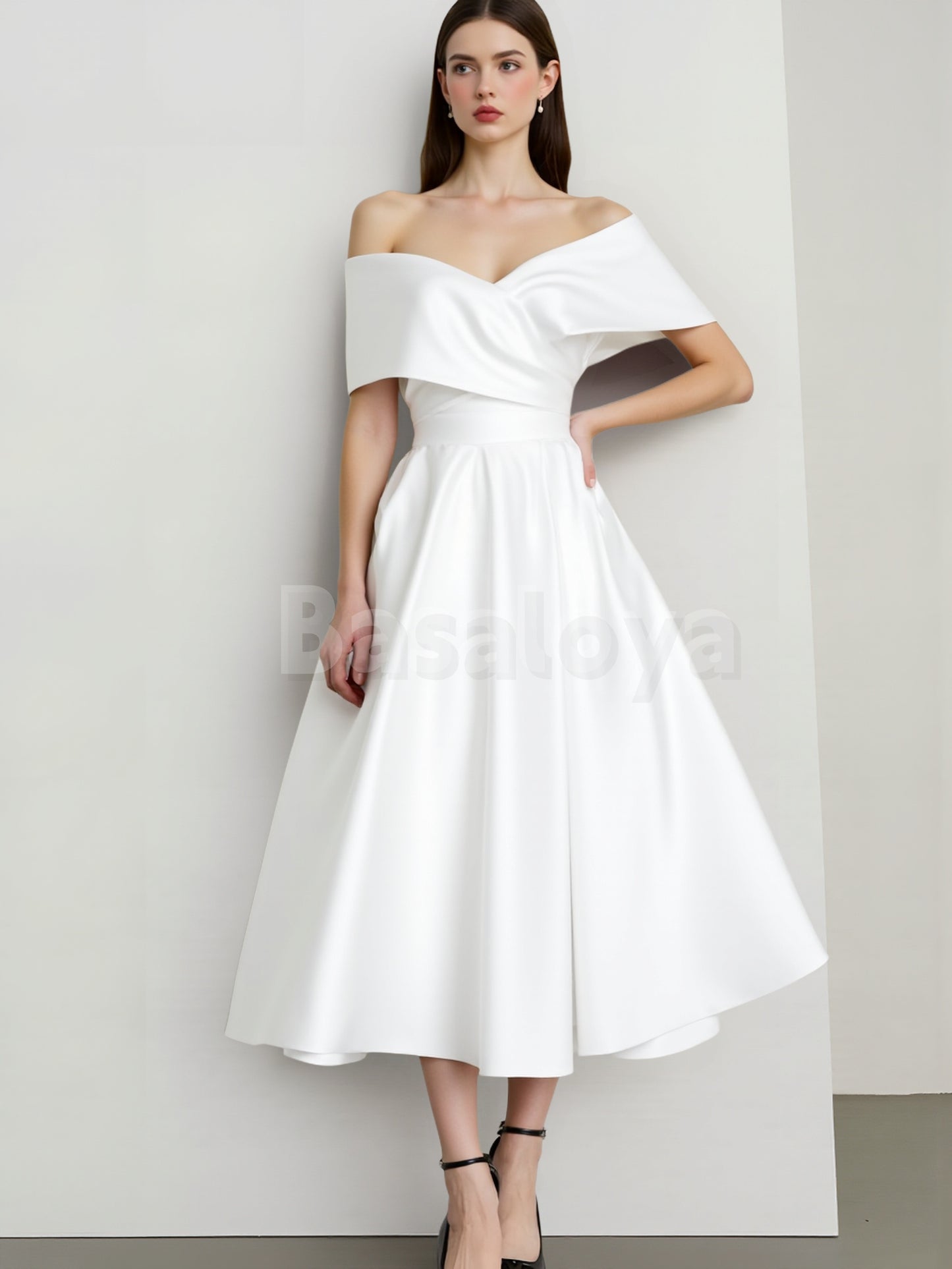 WD0033 Classic Off-Shoulder A-Line Pleats Satin Wedding Dress Bridal Gown