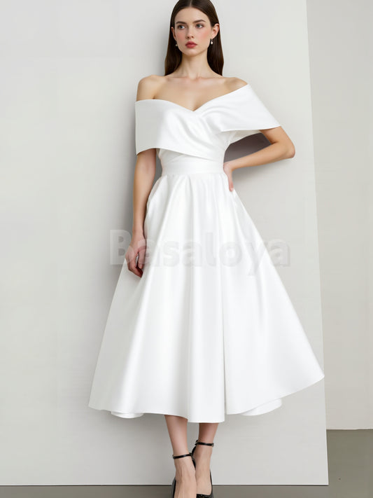 WD0033 Classic Off-Shoulder A-Line Pleats Satin Wedding Dress Bridal Gown