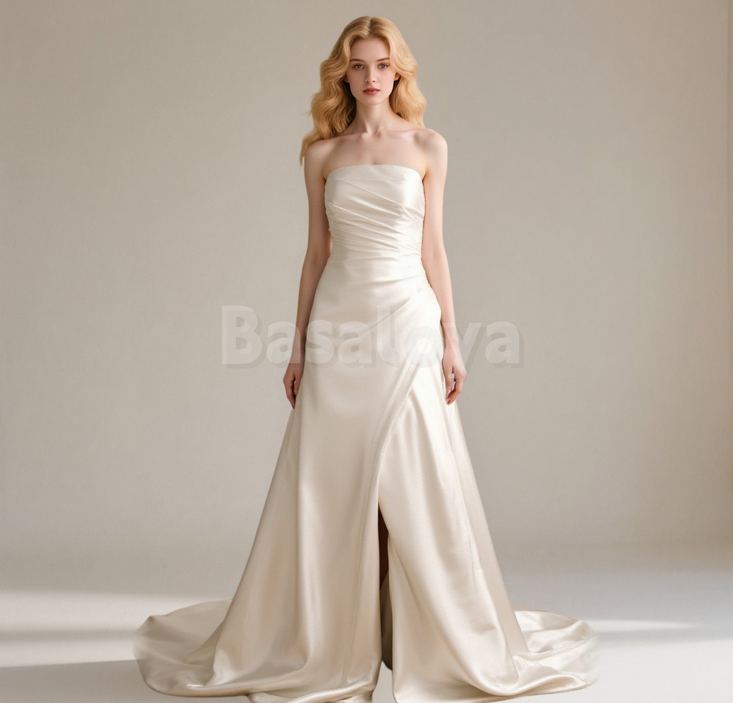WD0034 Luxury Strapless A-Line Sweep Train Satin Wedding Dress with Pockets