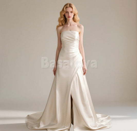 WD0034 Luxury Strapless A-Line Sweep Train Satin Wedding Dress with Pockets