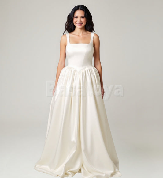 WD0035 Elegant Square Neck A-Line Pleated Floor-Length Wedding Gowns