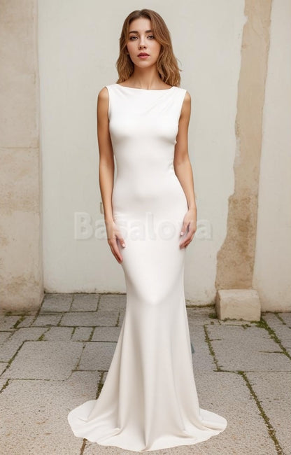 WD0036 Simple Scoop Neck Sheath Backless Wedding Dress with Train
