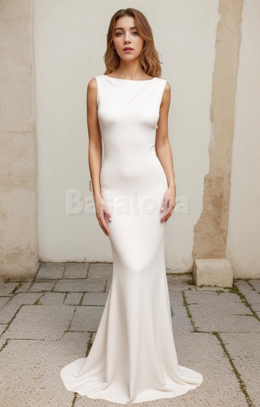 WD0036 Simple Scoop Neck Sheath Backless Wedding Dress with Train