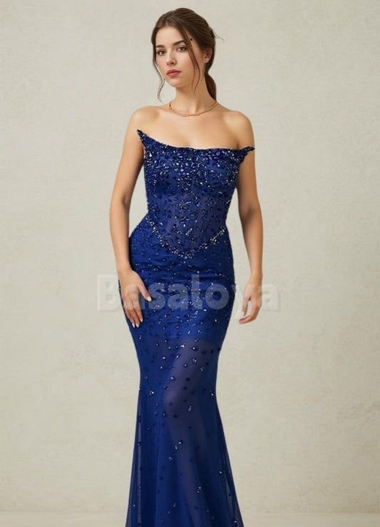 SP0230 Luxury Crystal Blue Strapless Bodycon Prom Dress Evening Gown