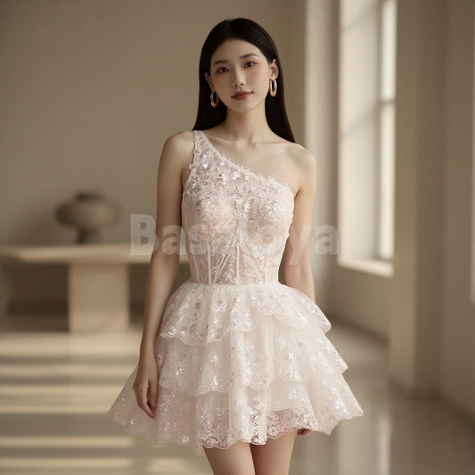 HM0067 Sparkly White One Shoulder A-Line Tiered Party Gown with Applique