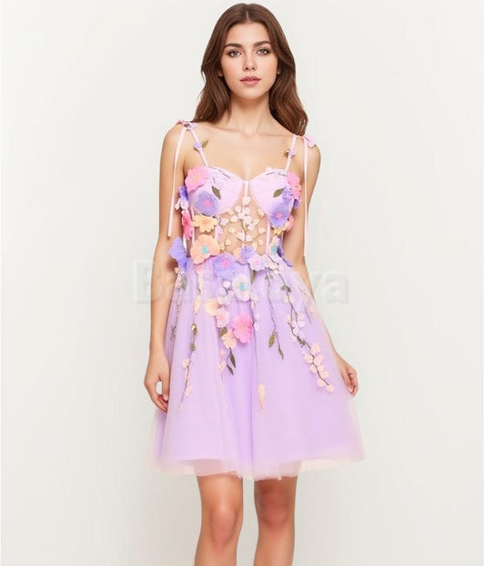 HM0070 Graceful Lilac Sweetheart A-Line Homecoming Dress with 3D Flower