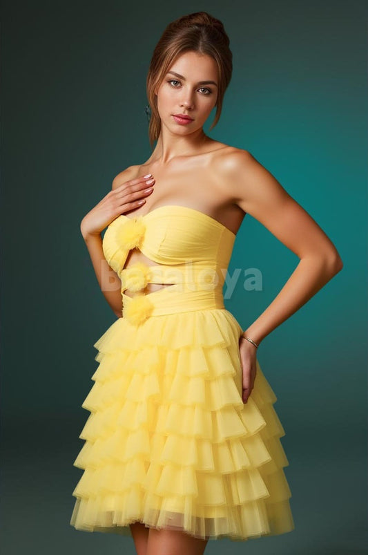 HM0075 Graceful Yellow A-Line Tiered Homecoming Dress with 3D Flowers