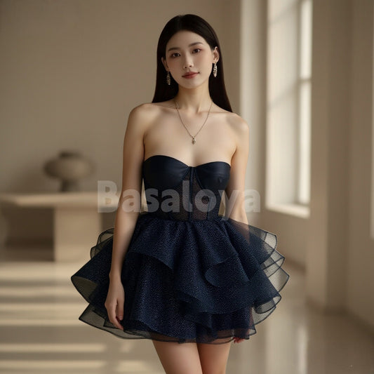 HM0082 Sparkly Black Sweetheart A-Line Tiered Glitter Homecoming Gowns