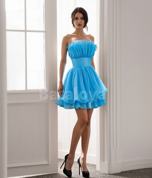 HM0091 Elegant Blue Strapless A-Line Tiered Mini Homecoming Dress