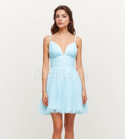 HM0096 Cute Light Pink V-Neck A-Line Pleats Lace Homecoming Dress