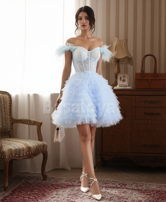 HM0097 Luxury Light Blue Feathers Off-Shoulder A-Line Tiered Party Gowns
