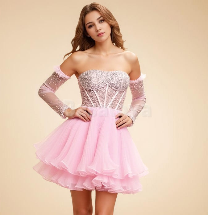 HM0131 Luxury Pink Pearls Long Sleeves A-Line Tiered Homecoming Dress