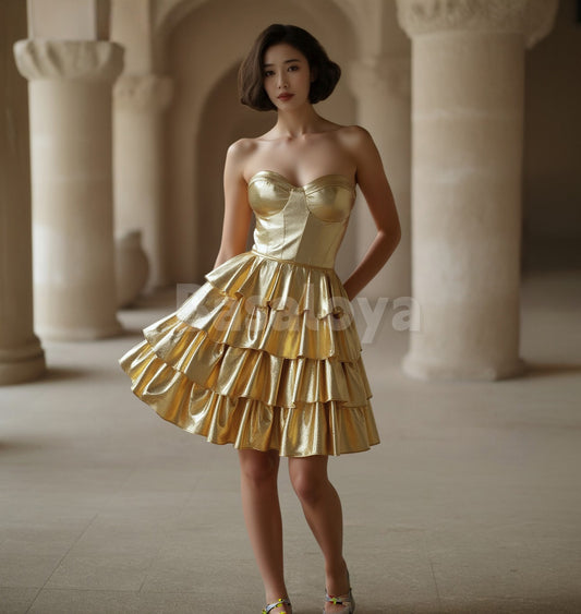 HM0133 Glamorous Gold Sweetheart A-Line Metallic Tiered Party Gowns