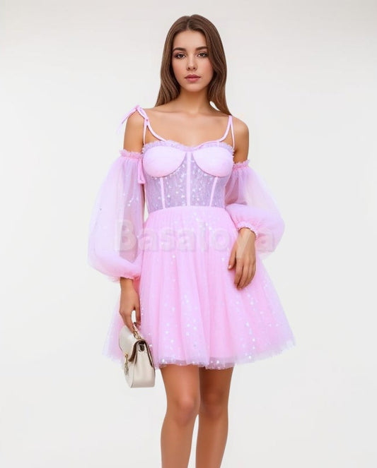 HM0137 Cute Pink Long Sleeves A-Line Knit Mini Homecoming Dress