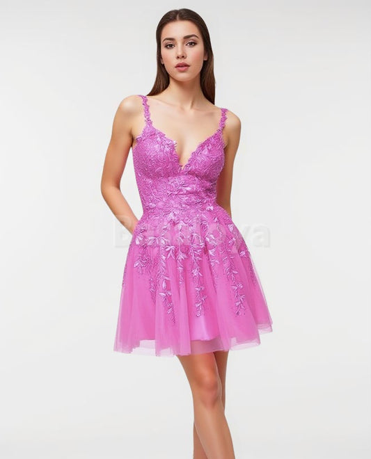 HM0138 Elegant Pink V-Neck A-Line Beaded Homecoming Dress with Appliques