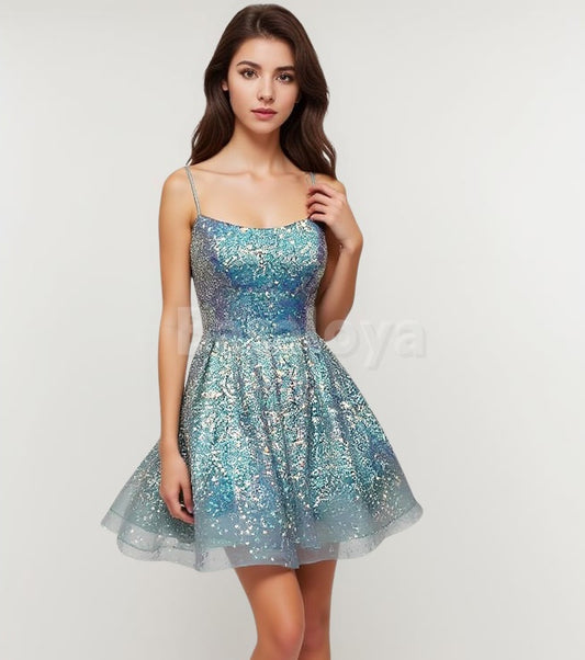 HM0141 Stunning Blue Spaghetti Straps A-Line Sequined Homecoming Gown