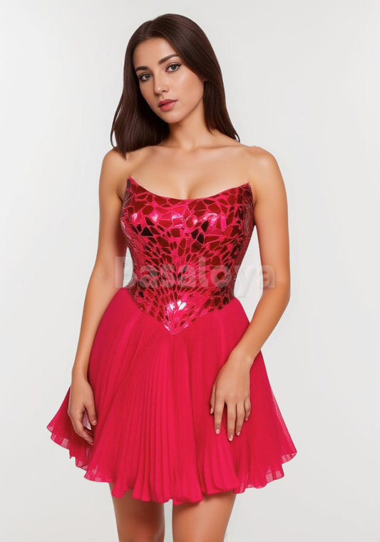 HM0142 Sparkly Beaded Red Strapless A-Line Pleats Homecoming Dress