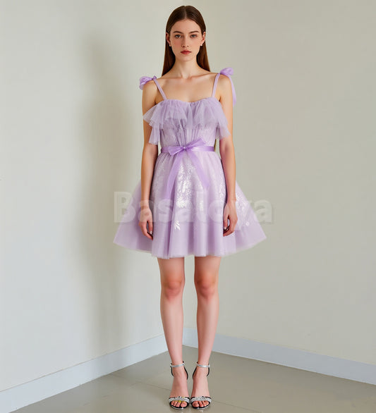 HM0144 Elegant Lilac Sweetheart A-Line Applique Homecoming Gown with Bows