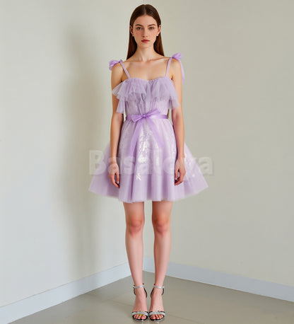 HM0144 Elegant Lilac Sweetheart A-Line Applique Homecoming Gown with Bows