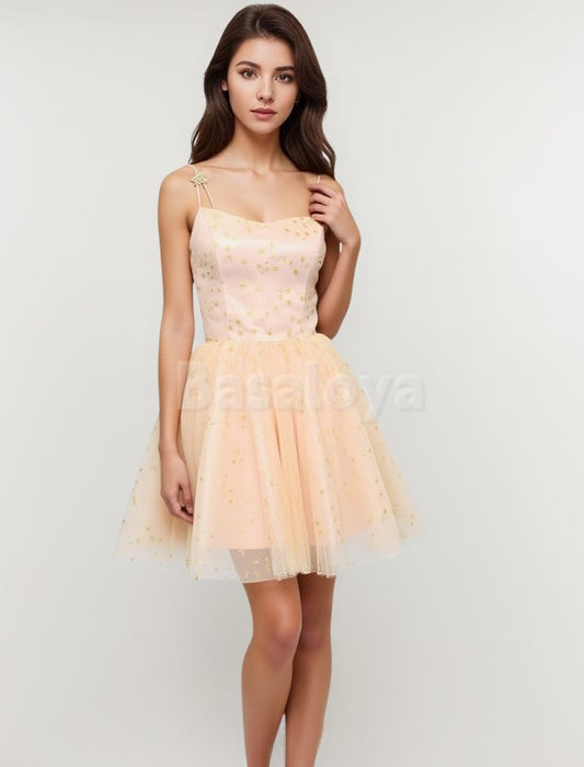 HM0149 Graceful Blush Spaghetti Straps A-Line Knit Star Mini Homecoming Dress