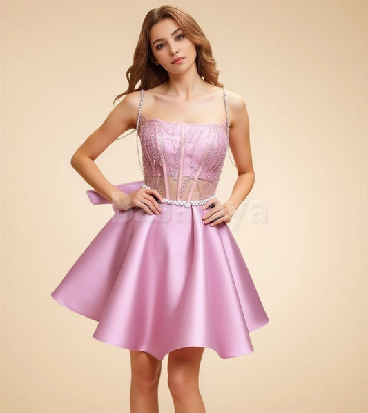 HM0150 Gorgeous Pink Pearls A-Line Sequin Satin Mini Party Dress with Bow