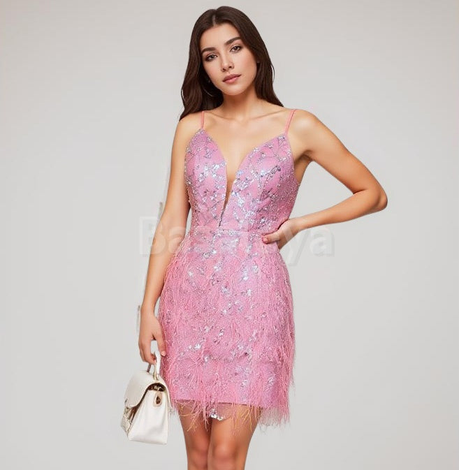 HM0151 Elegant Pink Spaghetti Straps Sequins Mini Homecoming Gown with Feathers