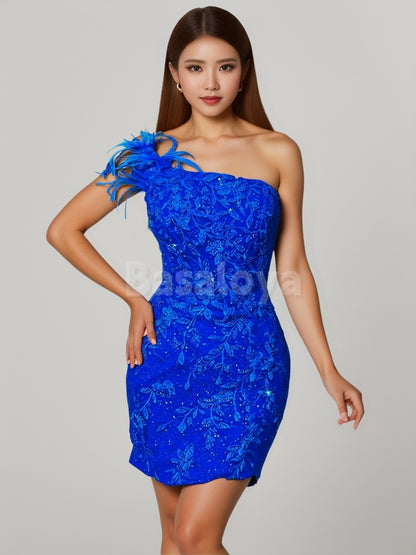 HM0155 Luxury Beaded Royal Blue One Shoulder Short Party Dress with Feather