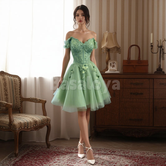 HM0158 Luxury 3D Floral Sage Off-Shoulder A-Line Short Beads Homecoming Dress