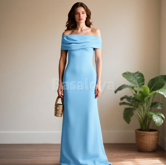 SP0082 Simple Blue Off-Shoulder Straight Long Prom Dress Formal Gown