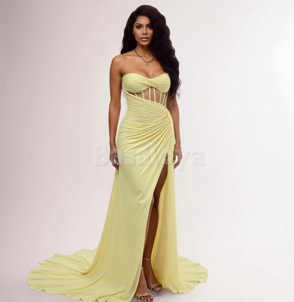 SP0085 Elegant Yellow Sweetheart Sheath Prom Dress with Slit Party Gown