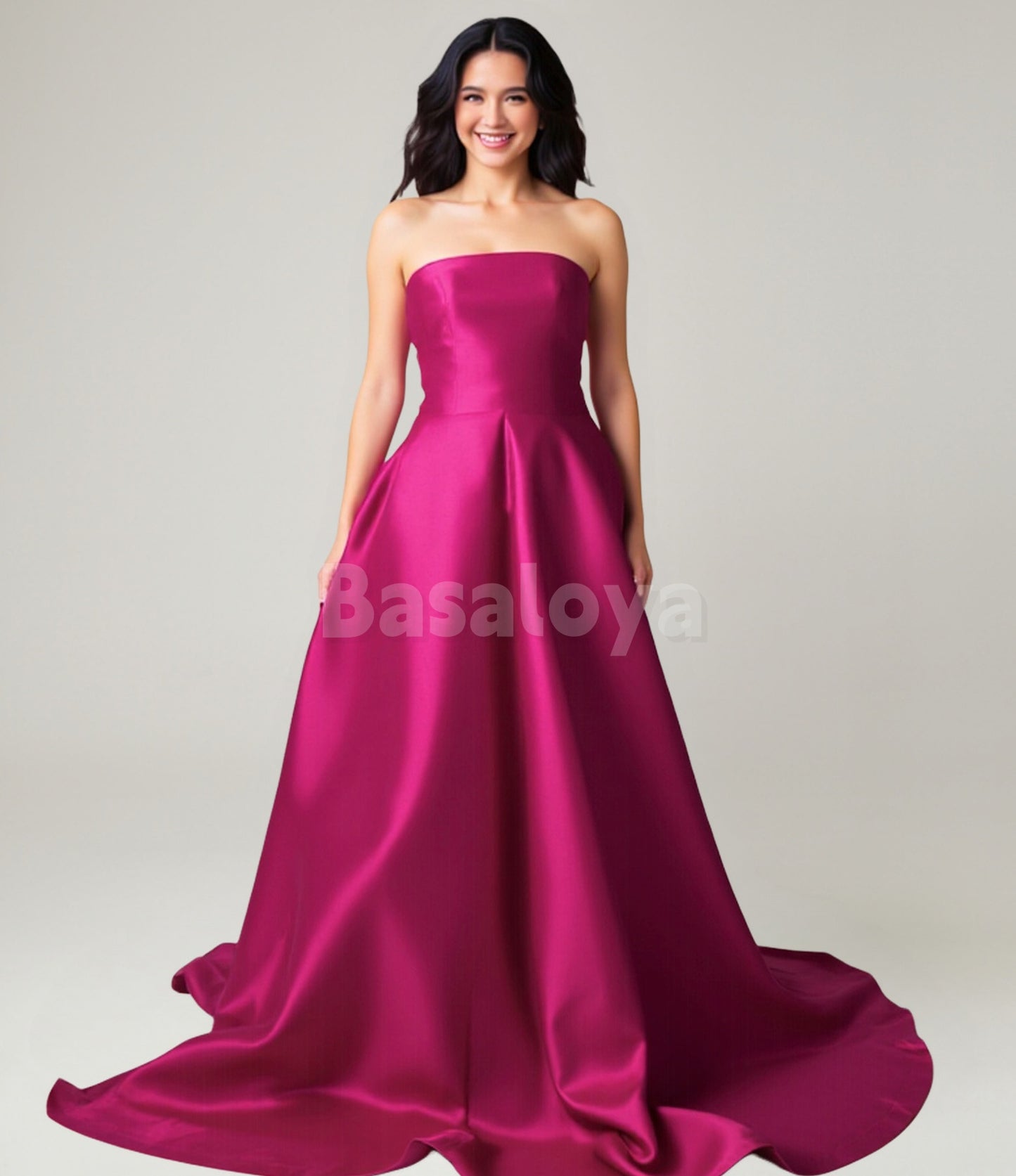 SP0086 Classic Fuchsia A-Line Strapless Satin Long Prom Dress with Train