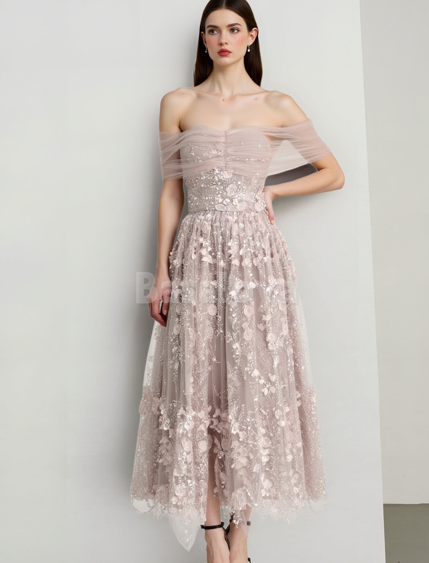 SP0087 Graceful 3D Floral Pink Off-Shoulder A-Line Sequined Lace Prom Dress