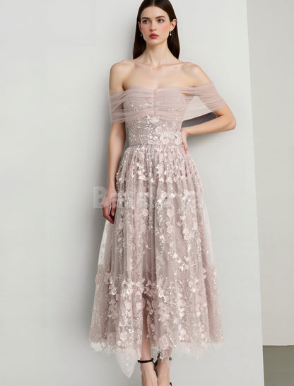 SP0087 Graceful 3D Floral Pink Off-Shoulder A-Line Sequined Lace Prom Dress