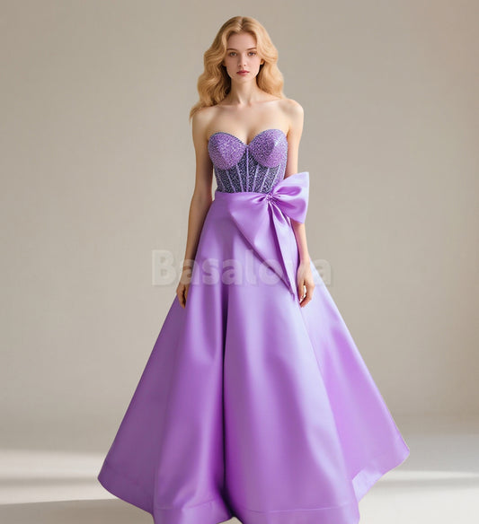 SP0091 Graceful Pearls Lilac A-Line Sweetheart Prom Dress with Bow