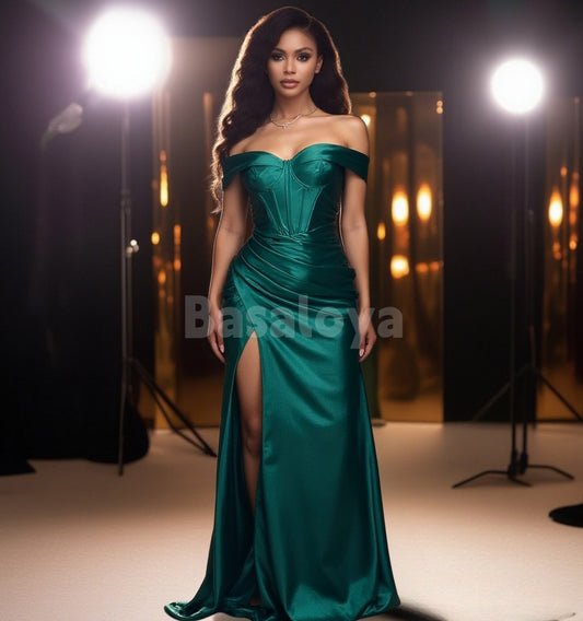 SP0106 Classic Green Off-Shoulder Sheath Pleated Prom Dress with Slit