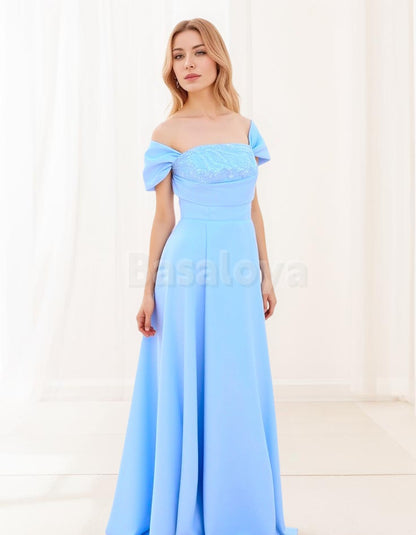 ED0039 Elegant Blue Off-Shoulder A-Line Pleated Long Evening Party Dress