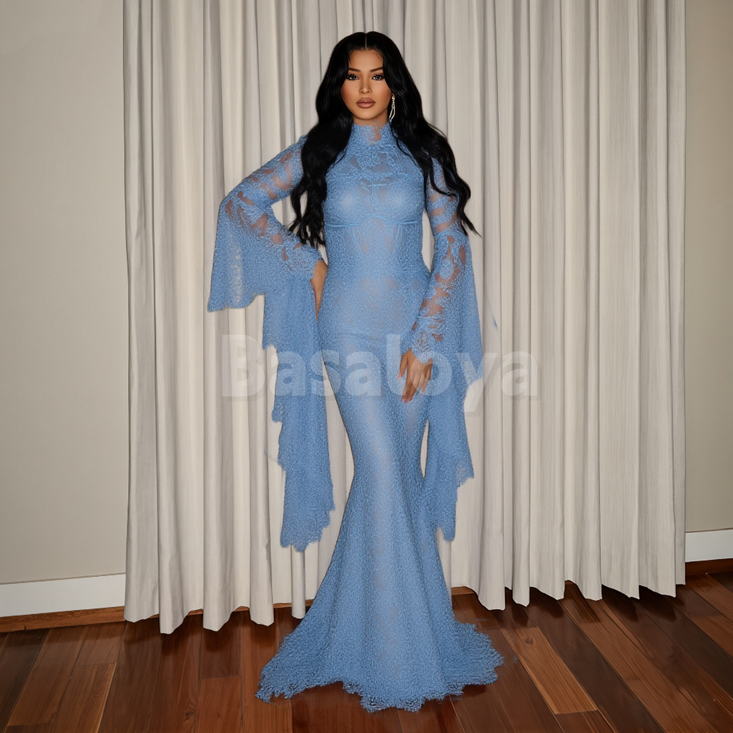 ED0041 Elegant Blue High Neck Long Sleeves Mermaid Evening Dress