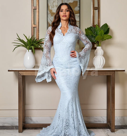 ED0045 Luxury White Long Sleeves Mermaid Lace Evening Dress with Train