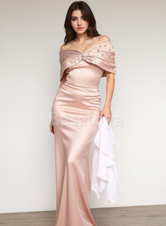 ED0060 Elegant Crystal Pink Off-Shoulder Sheath Evening Dress Formal Gown