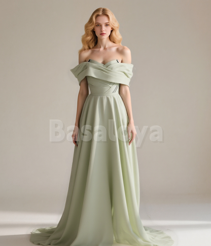ED0062 Elegant Sage Off-Shoulder A-Line Evening Dress with Beads