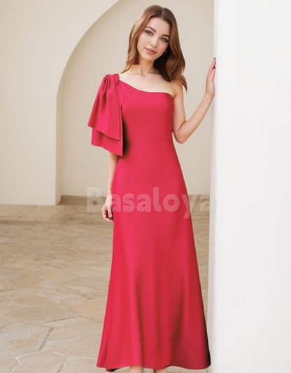 ED0063 Classic Red One Shoulder A-Line Evening Dress with Bow Formal Gown