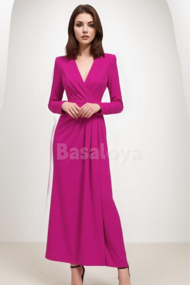 ED0064 Elegant Fuchsia Long Sleeves V-Neck Pleated Long Evening Dress