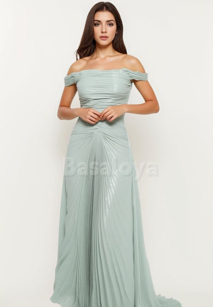 ED0065 Elegant Light Green Off-Shoulder Draped Evening Gown with Train