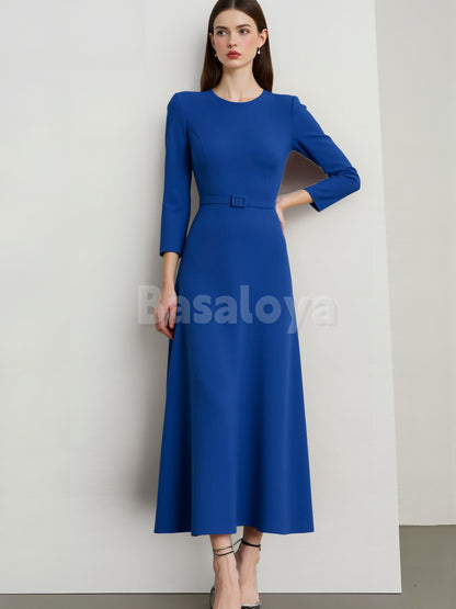 ED0068 Classic Royal Blue Long Sleeves A-Line Evening Dress with Belt