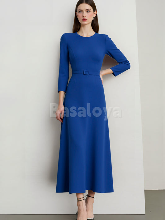 ED0068 Classic Royal Blue Long Sleeves A-Line Evening Dress with Belt